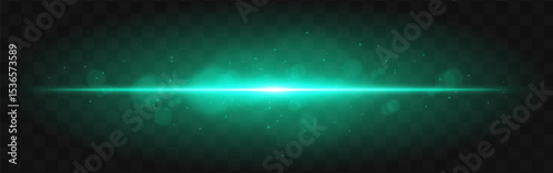 Green light burst. Bright horizontal beam with glowing particles and soft flare effect over dark grid background, suitable for sci-fi or tech visuals.