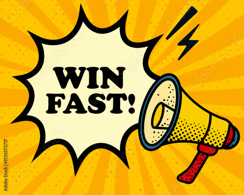 Win fast speech bubble. Megaphone, lightning, speech burst, sound lines, pop art style, loudspeaker, public speaking, yellow background, expression, voice, alert, broadcast