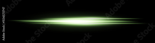 Green glowing light streak. Horizontal neon beam with smooth glow and layered flow on black background, fitting tech, motion or speed themes.