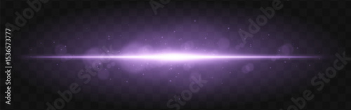 Purple light burst. Bright horizontal beam with glowing particles and soft flare effect over dark grid background, suitable for sci-fi or tech visuals.