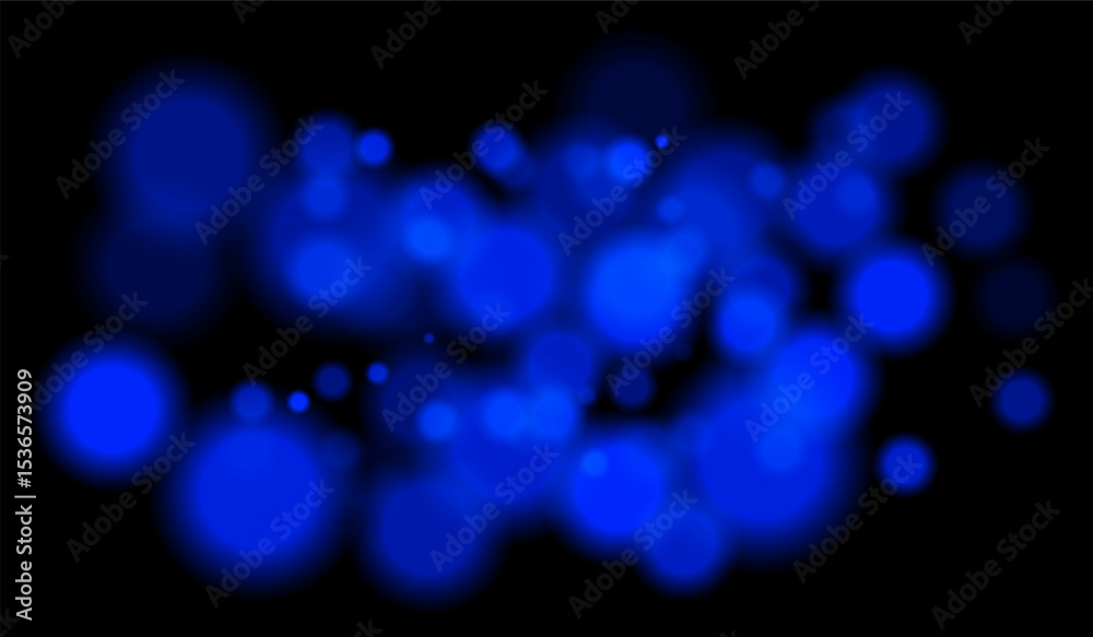 Bright blue bokeh particles of multiple sizes with depth effect on dark background. Perfect for night visuals or technology-themed scenes.