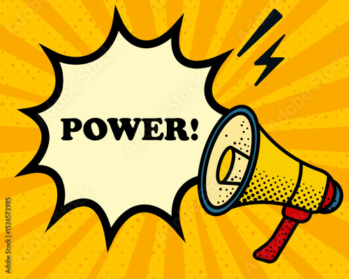 Power speech bubble. Megaphone, lightning, speech burst, sound lines, pop art style, loudspeaker, public speaking, yellow background, expression, voice, alert, broadcast