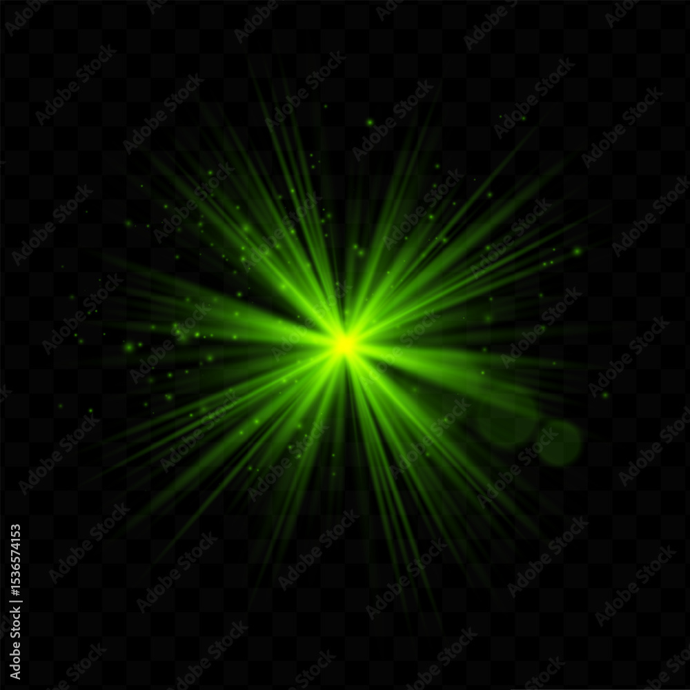 Obraz premium Light burst. Green radial flash with sparkles and transparent glow, ideal for tech, fantasy, or magical visuals and dynamic user interfaces.
