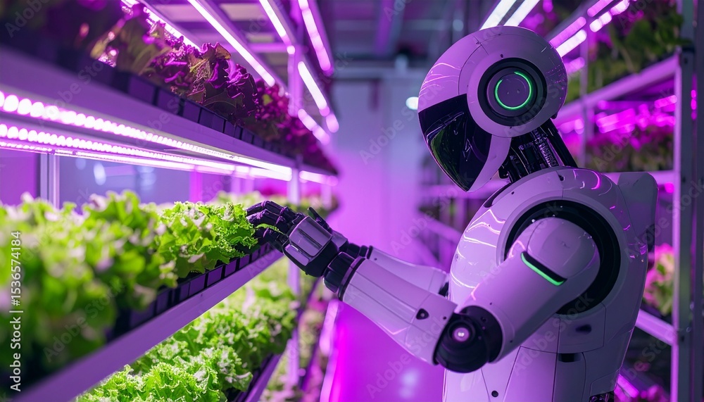 Obraz premium A robot tending to a hydroponic garden with purple lights, showcasing an innovative approach to urban farming and automation. The robot is examining the plants and the atmosphere is futuristic