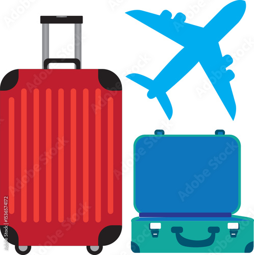 Two suitcases and an airplane. Travel and bag. red and blue.