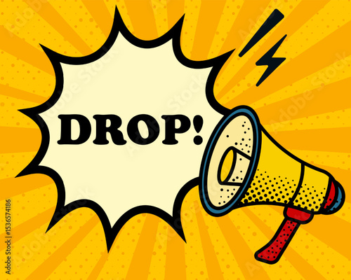Drop speech bubble. Megaphone, lightning, speech burst, sound lines, pop art style, loudspeaker, public speaking, yellow background, expression, voice, alert, broadcast