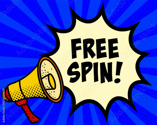 Free spin announcement speech bubble. Megaphone, speech burst, comic style, bright background, communication element, expression tool, voice projection, information sharing, pop art design.