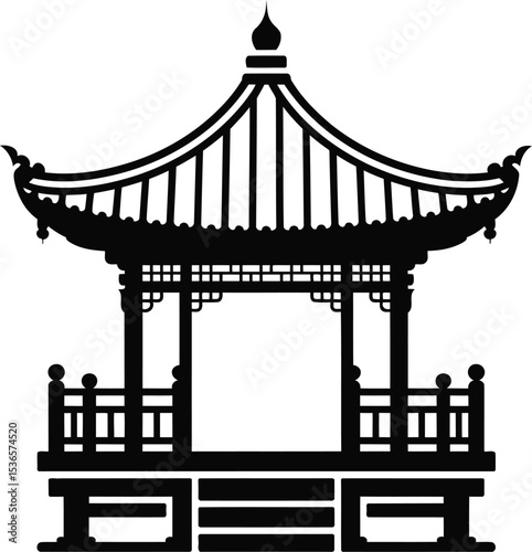 Traditional Chinese Pavilion Silhouette with Open Door, Transparent Background.