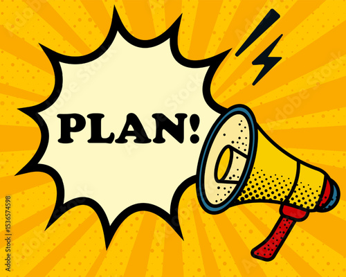 Plan speech bubble. Megaphone, lightning, speech burst, sound lines, pop art style, loudspeaker, public speaking, yellow background, expression, voice, alert, broadcast