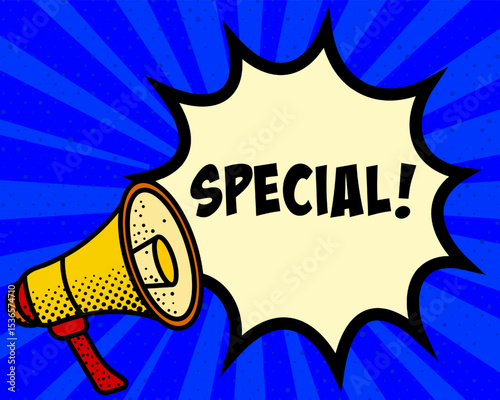 Special announcement speech bubble. Megaphone, speech burst, comic style, bright background, communication element, expression tool, voice projection, information sharing, pop art design.
