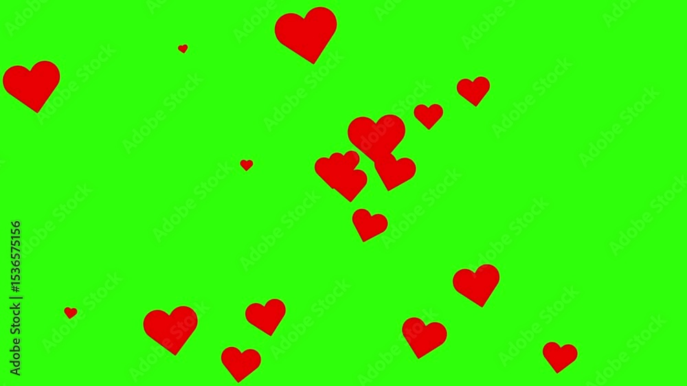 Happy Valentines day Red hearts frame flying on green screen animation. 4K Social media Live style animated heart on green screen. Social media red love icon isolated on green chroma key screen.