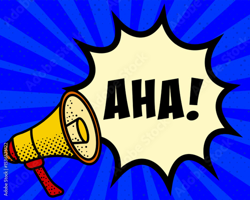 Aha announcement speech bubble. Megaphone, speech burst, comic style, bright background, communication element, expression tool, voice projection, information sharing, pop art design.