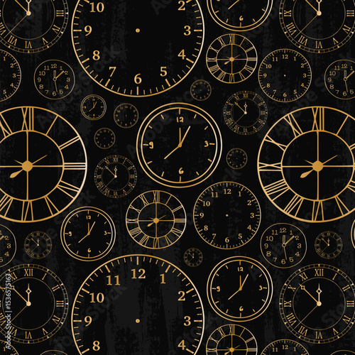 Stylish beautiful golden clock vector pattern. Time, watch, schedule, business, management, plan, work and urgency concept. Vector illustration
