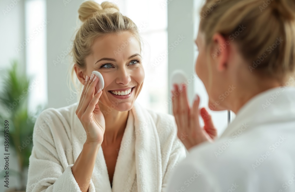 Attractive senior woman applying facial skincare products in bathroom. Smiling female in bathrobe looking at mirror. Smiling, happy mature lady uses cream for beauty treatment, touching face. Healthy Attractive senior woman applying facial skincare products in bathroom. Smiling female in bathrobe looking at mirror. Smiling, happy mature lady uses cream for beauty treatment, touching face. Healthy