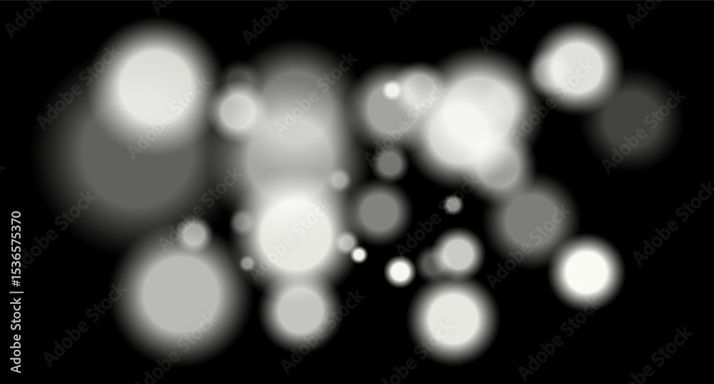Large soft white bokeh circles with glow on black background, creating a dreamy abstract field. Suitable for festive, sci-fi or digital designs.