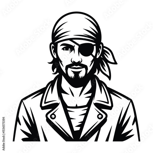 Stylized black and white illustration of pirate wearing eyepatch and bandana, vector artwork

