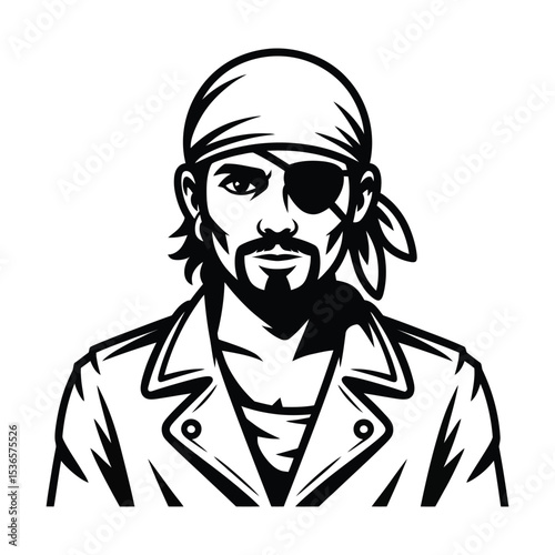 Stylized portrait of a pirate with an eyepatch and bandana in black and white illustration artwork

