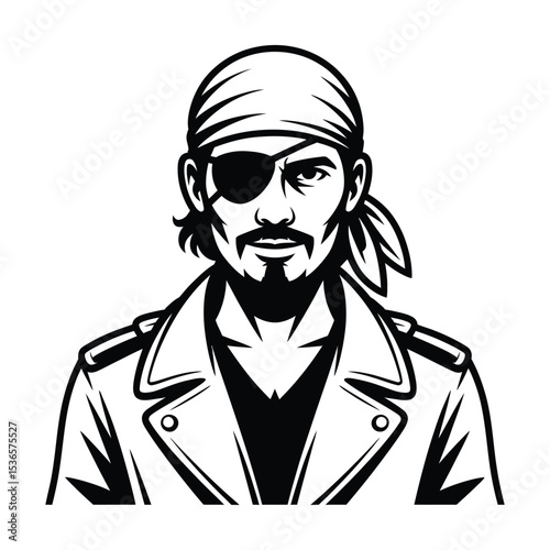 Stylized black and white illustration of pirate wearing eyepatch and bandana, vector artwork

