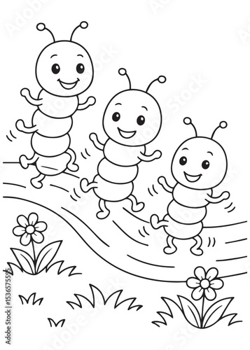 Coloring book caterpillars happily dancing or marching in a line through a grassy field 