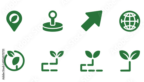 A comprehensive set of green eco icons, symbols, and illustrations for nature, recycling, and environmental conservation