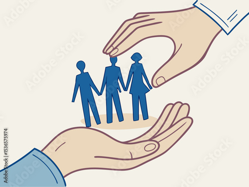 protective hands around blue family icons showing life insurance and healthcare concept
