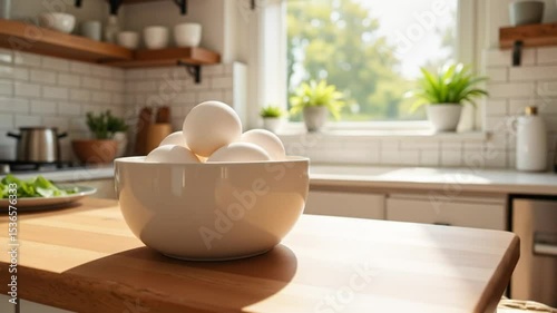 Wallpaper Mural Fresh white eggs in a bowl on a wooden kitchen counter  Torontodigital.ca