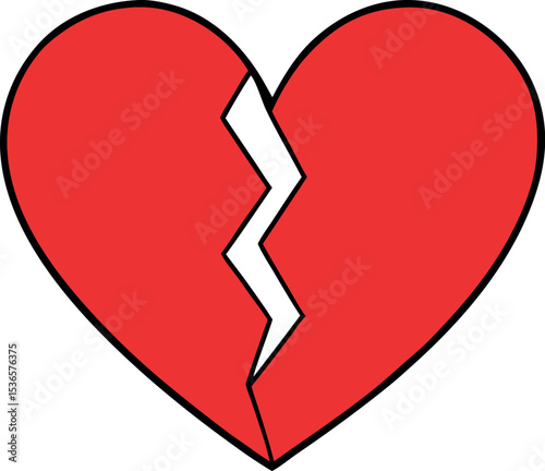 Red Heart broken to two pieces vector illustration icon or logo, broken heart concept, breakup or divorce, heartbreak regret, separated couple, tragic love. Broken Red Heart Emoji.