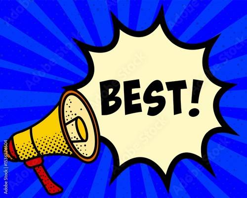 Best announcement speech bubble. Megaphone, speech burst, comic style, bright background, communication element, expression tool, voice projection, information sharing, pop art design.