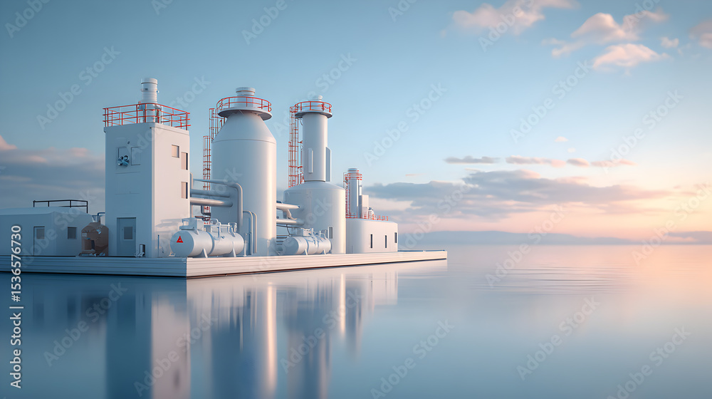 Obraz premium an industrial plant stands on the water against the backdrop of a sunset, its structure and design showcasing the concept of modern architecture and technological advancements