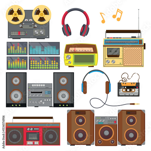 Retro Music Equipment Collection Featuring Vintage Radios, Reel-to-Reel Players, and Speakers