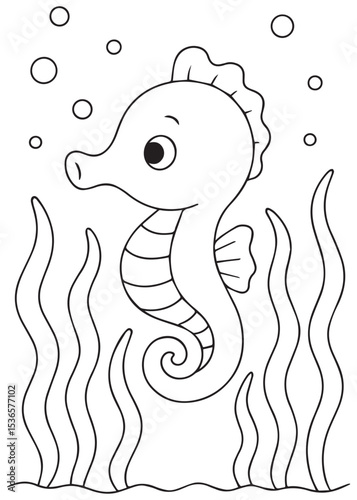 Coloring book seahorse happily swimming upright among wavy underwater plants and bubbles
