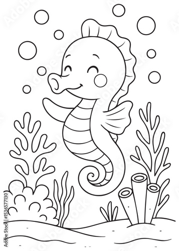 Coloring book seahorse happily swimming among vibrant underwater plants and bubbles