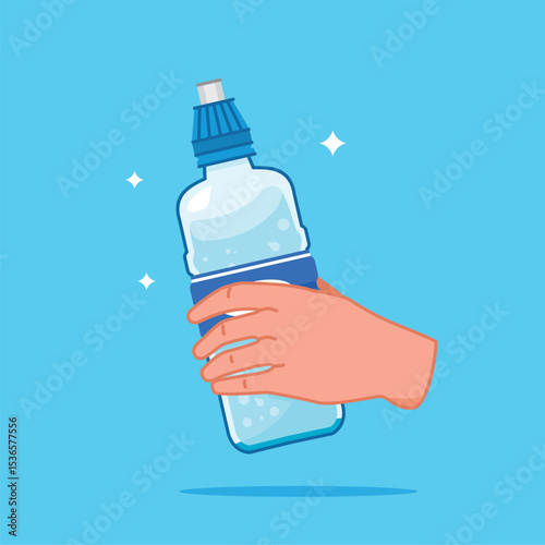 hand holding plastic water bottle, healthy blue drinking water packed in 380ml PET bottle