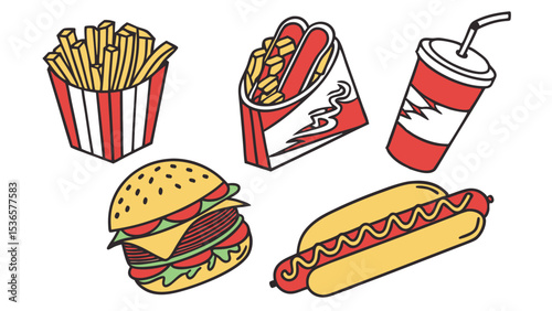 Fast food cartoon icon vector collection. Pizza, burger, chicken leg, hotdog, french fries, soda cup. Food and drink icon