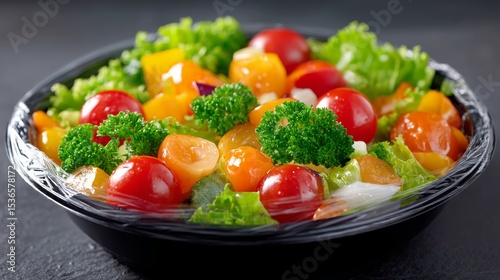 Colorful Vegetable Salad with Fresh Greens and Cherry Tomatoes in a Black Bowl on Dark Surface photo