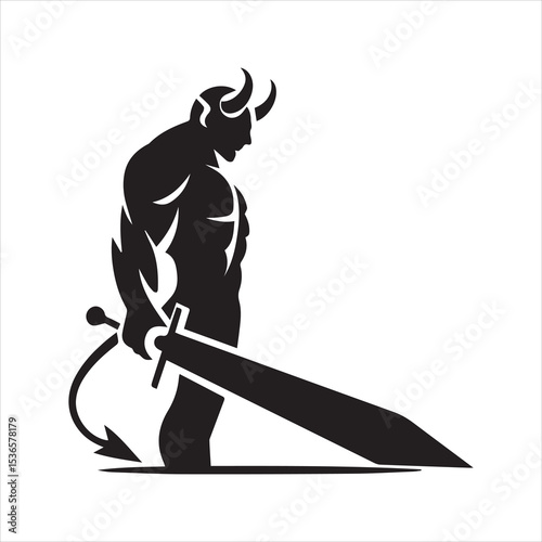 Demon Warrior Silhouette with Sword and Tail Vector Icon