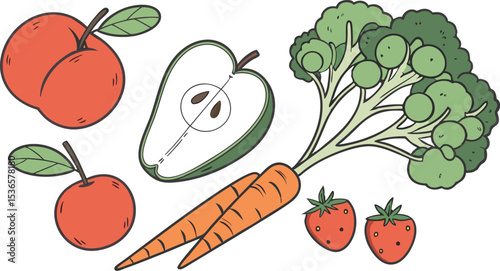 Healthy eating illustration with fruits and vegetables