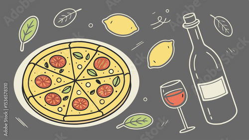 A vector illustration of delicious Italian pizza with cheese, pepperoni, and vegetables, perfect for a dinner meal.