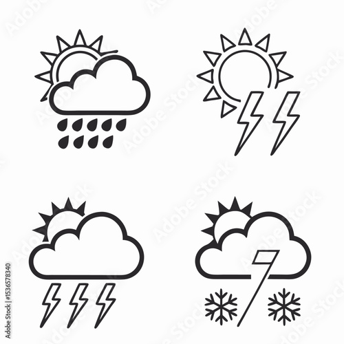 A versatile weather icon set for forecasts, featuring symbols for sun, cloud, rain, and storm to illustrate climate and nature's elements