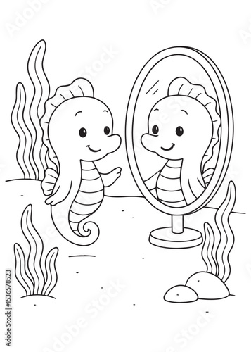 Coloring book seahorse admiring its reflection in a mirror underwater