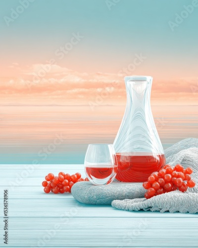 Red Drink and Seashells on a Beach at Sunset