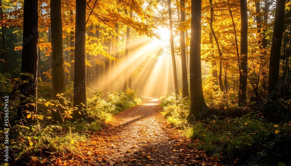 Fototapeta premium Sunbeams through autumn forest path