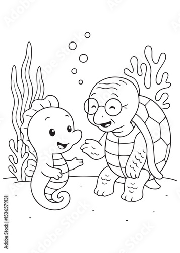 Coloring book turtle sharing a friendly chat with a cheerful seahorse underwater