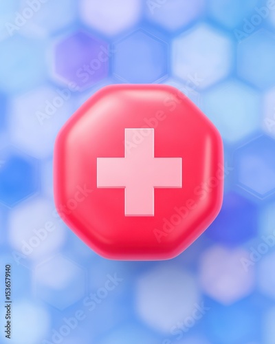 Red Octagon Medical Cross Symbol on Blue Bokeh Background