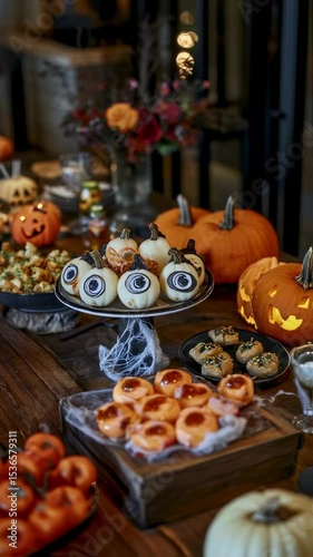 Spooky Halloween Feast Table Setting with Pumpkins, Eyeball Treats, and Festive Desserts