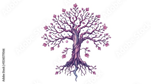 A vividly colored tree features intricate, twisting branches adorned with small, delicate flowers. Its roots spread below, giving a sense of balance and harmony. 