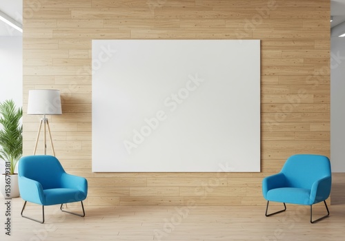Modern office space with blank canvas and stylish seating.
