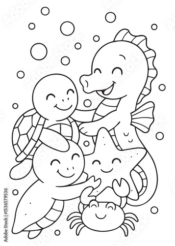 Coloring book  sea creatures (turtle, seahorse, worm, starfish, crab) hugging A sweet scene of ocean friendship