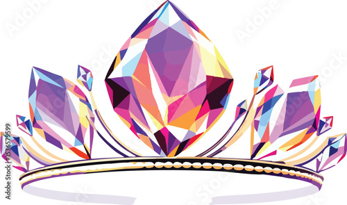 Colorful geometric tiara with sparkling gemstones and golden accents on white background.