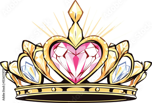 Luxurious golden crown with heart-shaped pink gemstones and sparkling diamonds vector illustration.